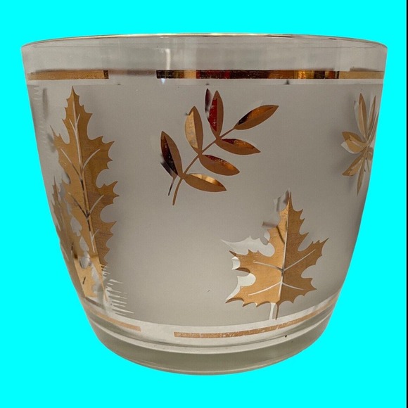 Libbey Golden Foliage Ice Bucket Frosted Gold Leaves MCM 4" high - Picture 4 of 6